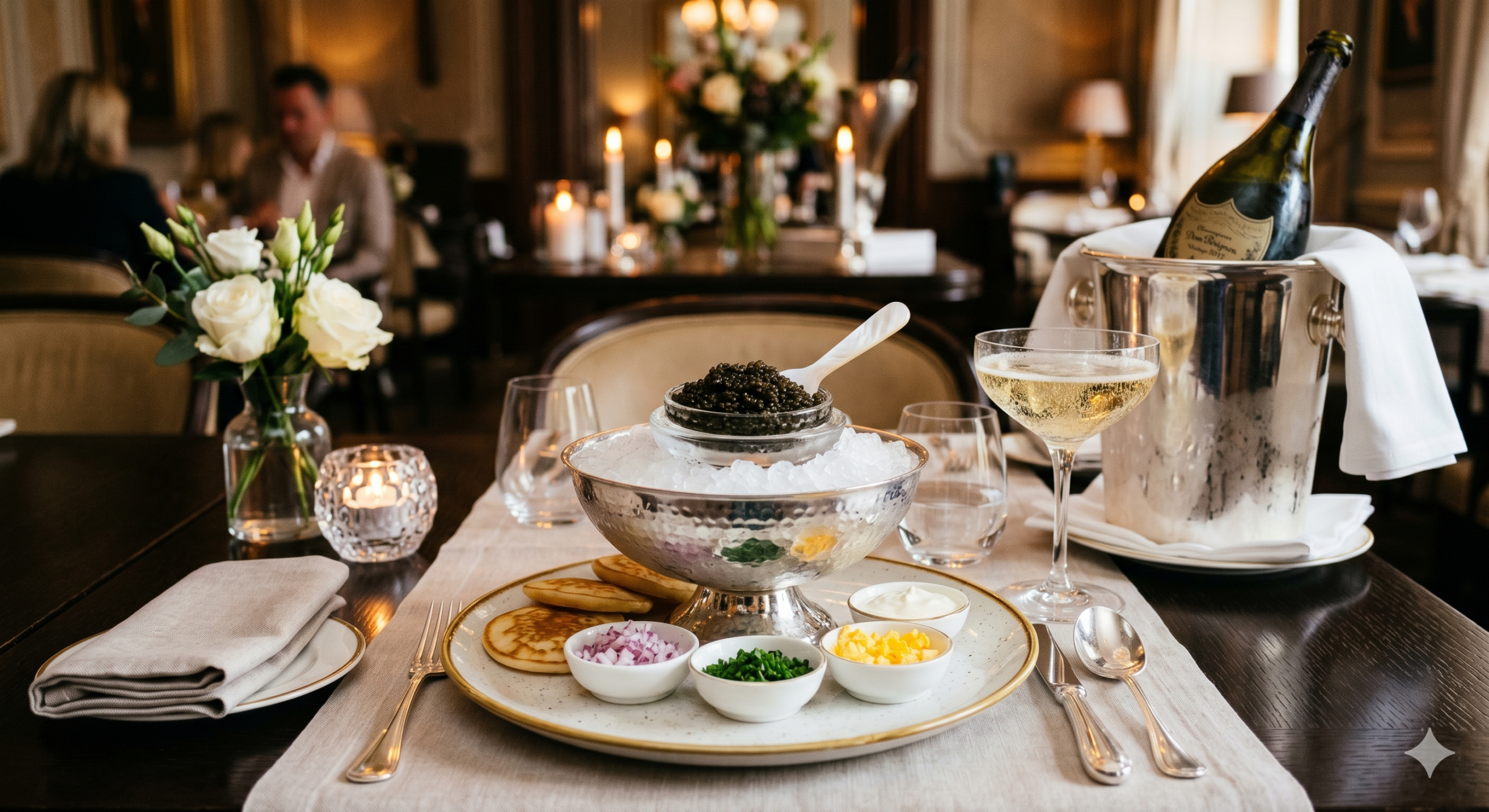Luxe restauranttafel met kaviaar op ijs, champagne, blini's, bloemen en kaarslicht.