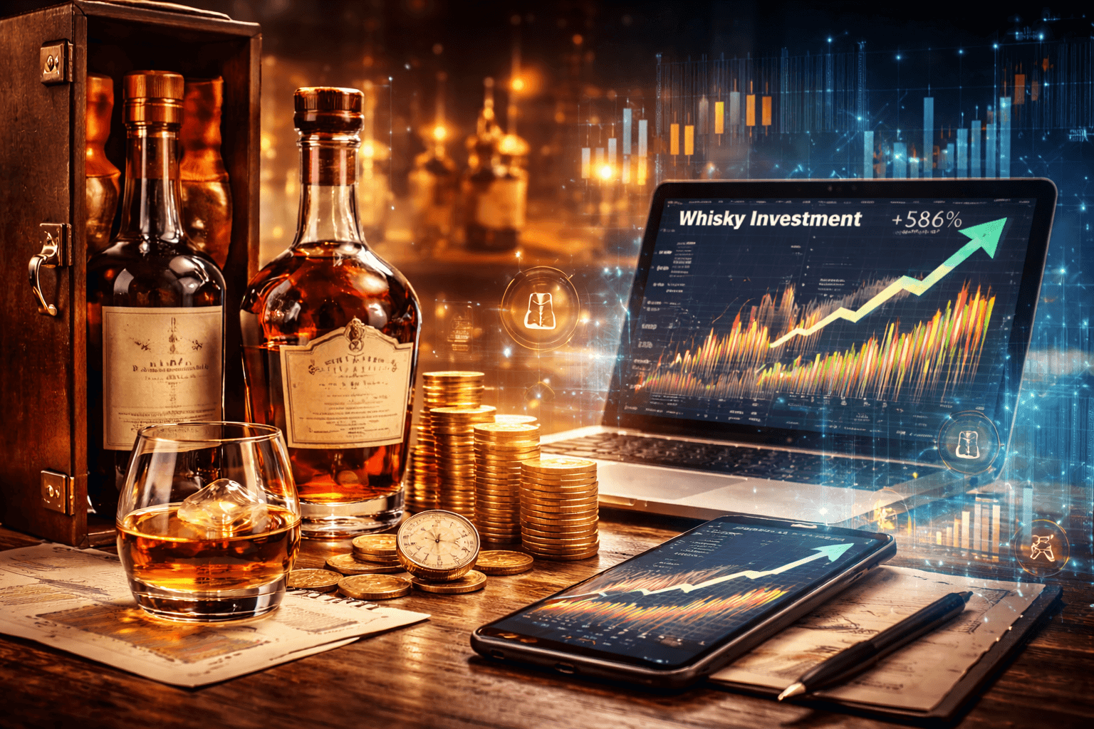 Whiskyflessen, glas, munten, laptop en smartphone met stijgende investeringsgrafieken op een houten tafel