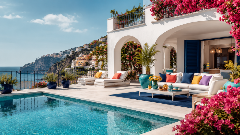 White Mediterranean villa terrace with pool, colorful lounge seating, pink bougainvillea, and a coastal cliff view.