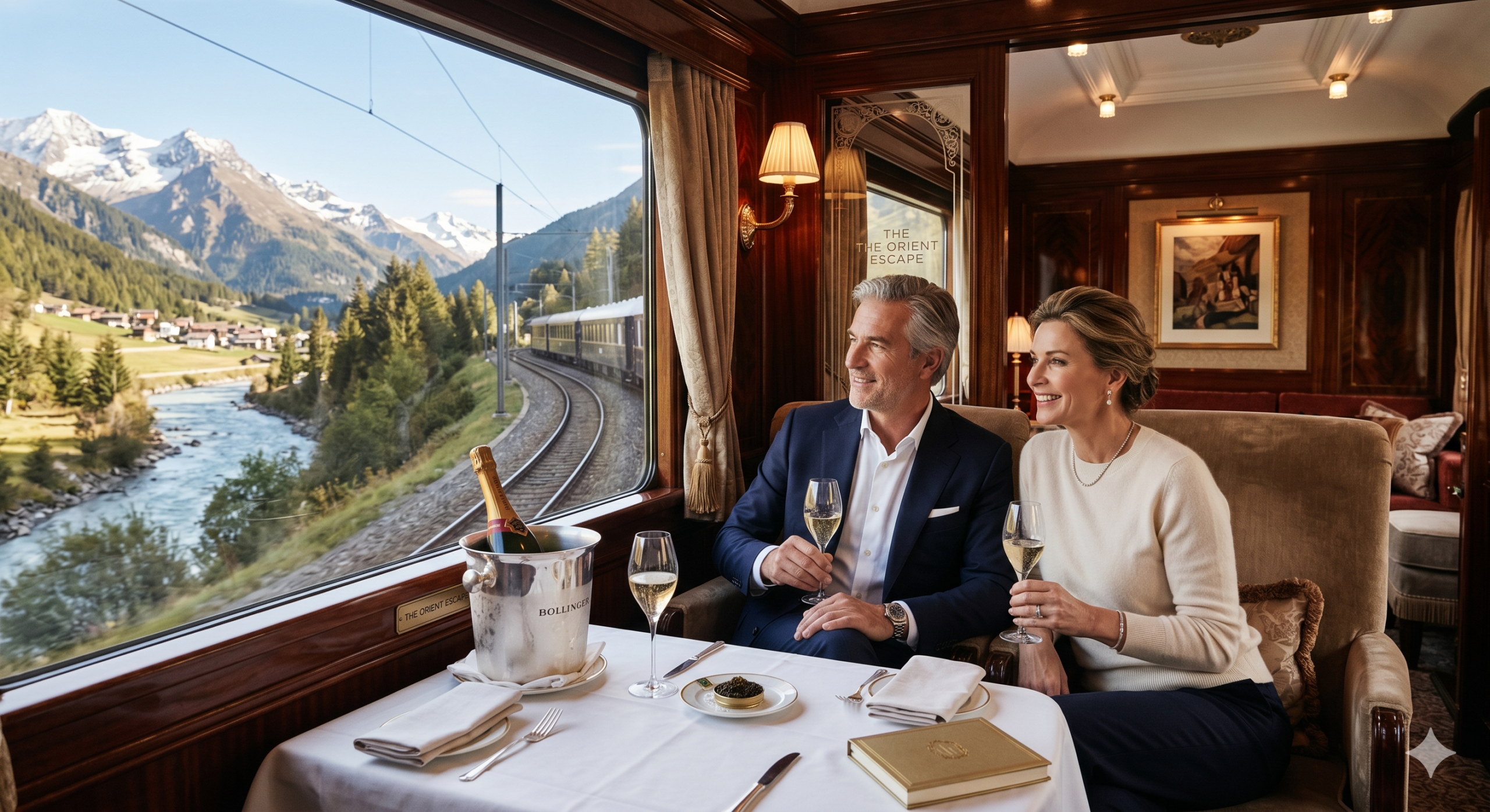 Couple enjoying champagne in a luxury train dining car with alpine mountains and a river visible through the window.