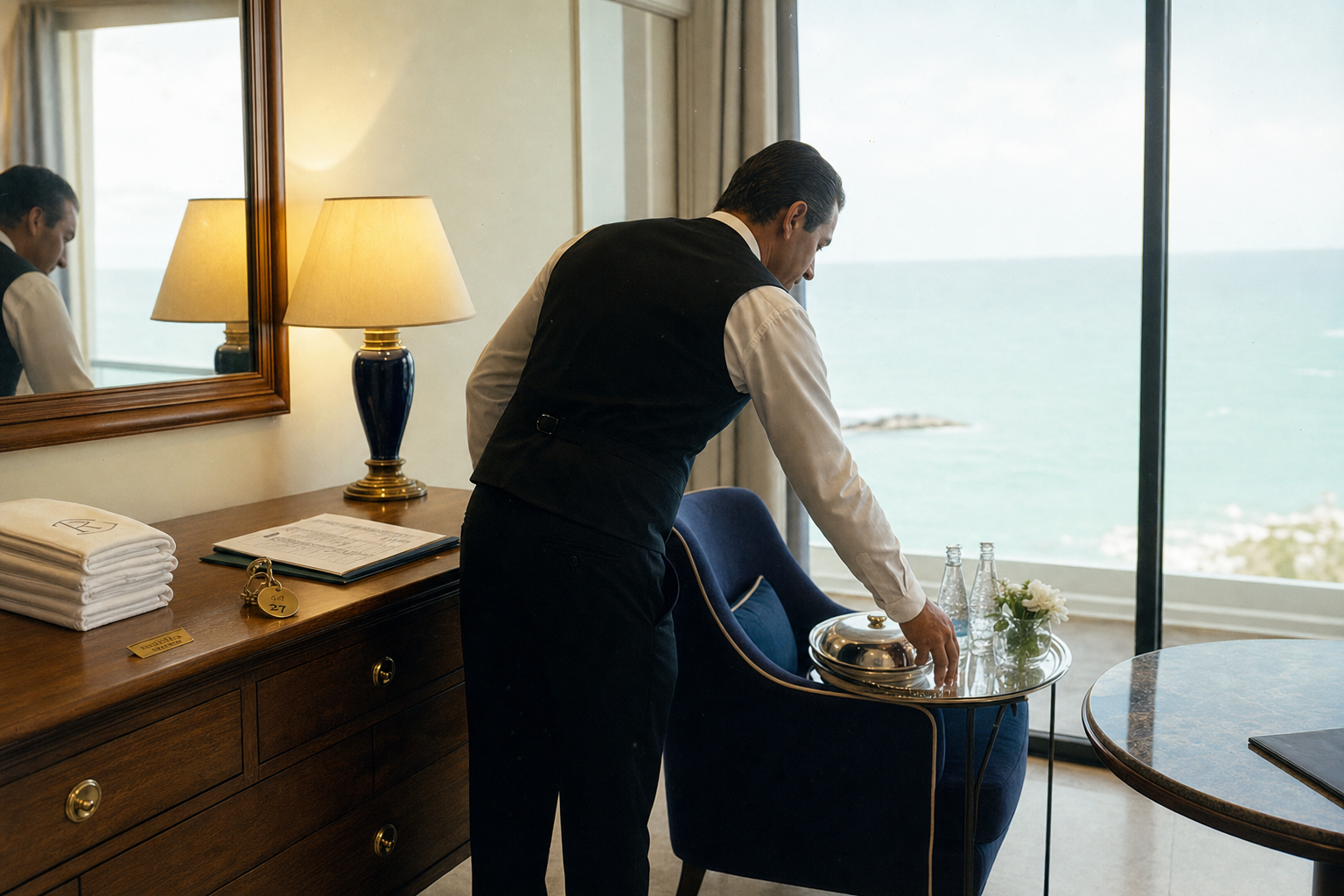 Hotel staff member arranges room service beside a window overlooking the sea.