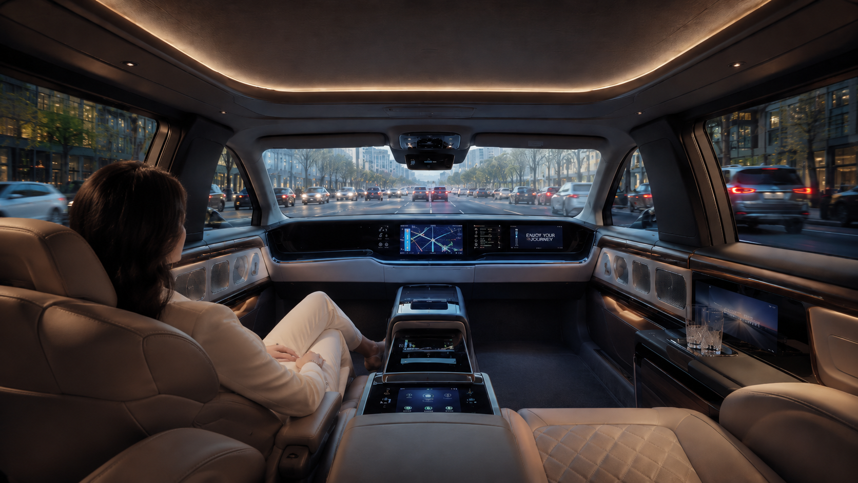 Luxe auto-interieur met een passagier, grote schermen en uitzicht op druk stadsverkeer door de voorruit.