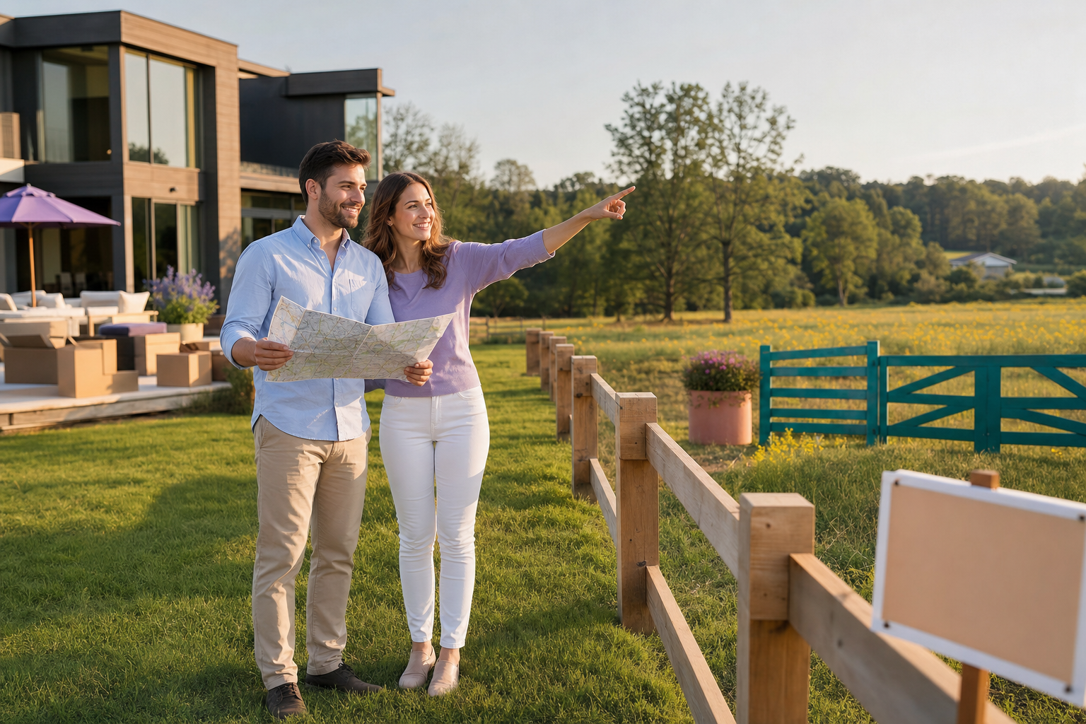 Stel bekijkt een kaart en wijst naar een perceel naast een moderne woning op het platteland.