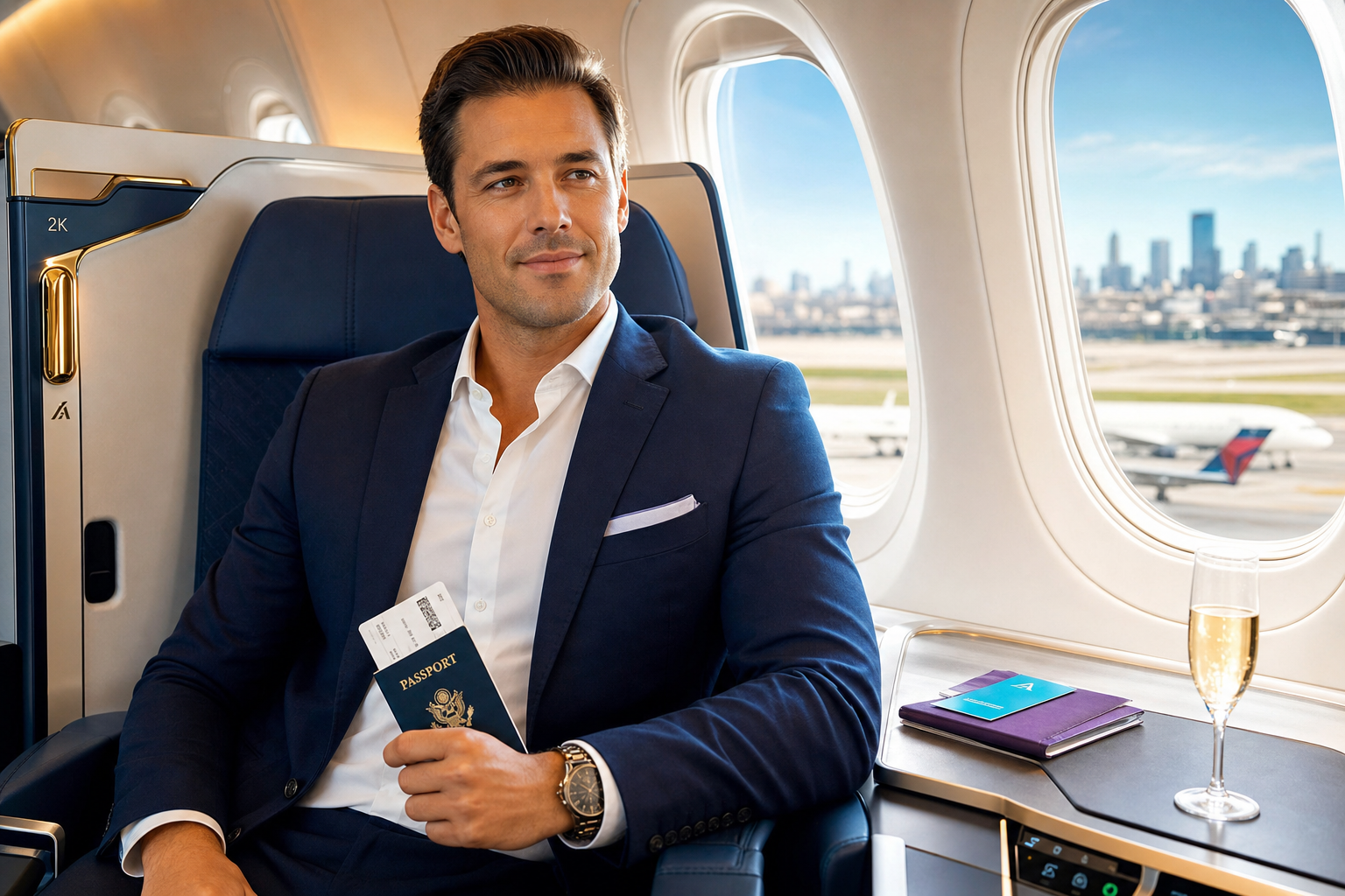 Man in marineblauw pak zit in een luxe vliegtuigstoel met paspoort in de hand, naast een raam met luchthavenzicht.
