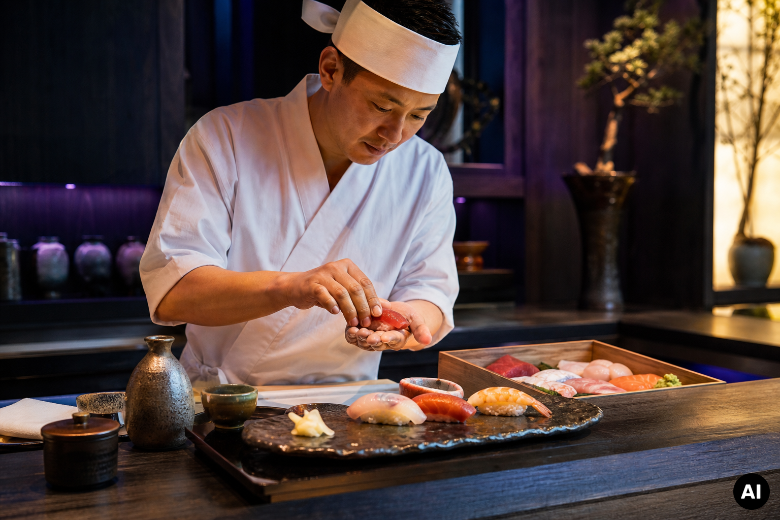 Sushichef in witte kimono vormt een stuk tonijnnigiri achter een bar, met een schaal verse vis en geserveerde nigiri op de voorgrond.