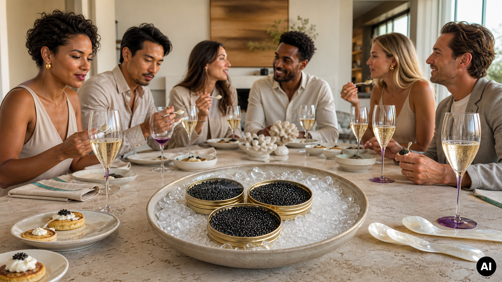 Zes gasten proeven kaviaar aan een tafel met champagneglazen, terwijl drie geopende blikjes kaviaar op ijs liggen.