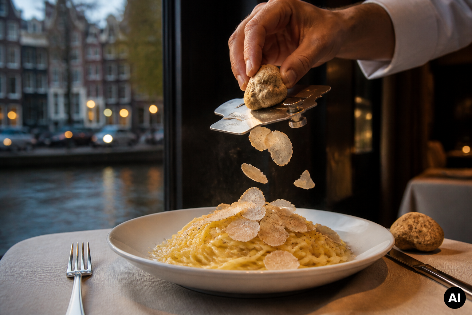 Hand schaaf witte truffel over een bord romige pasta bij een Amsterdams grachtenraam.