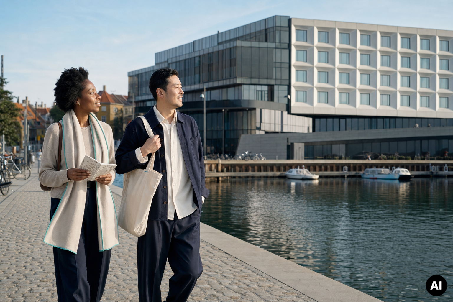 Twee reizigers met een stadsplattegrond wandelen langs het water, met moderne hotelarchitectuur en boten op de achtergrond.