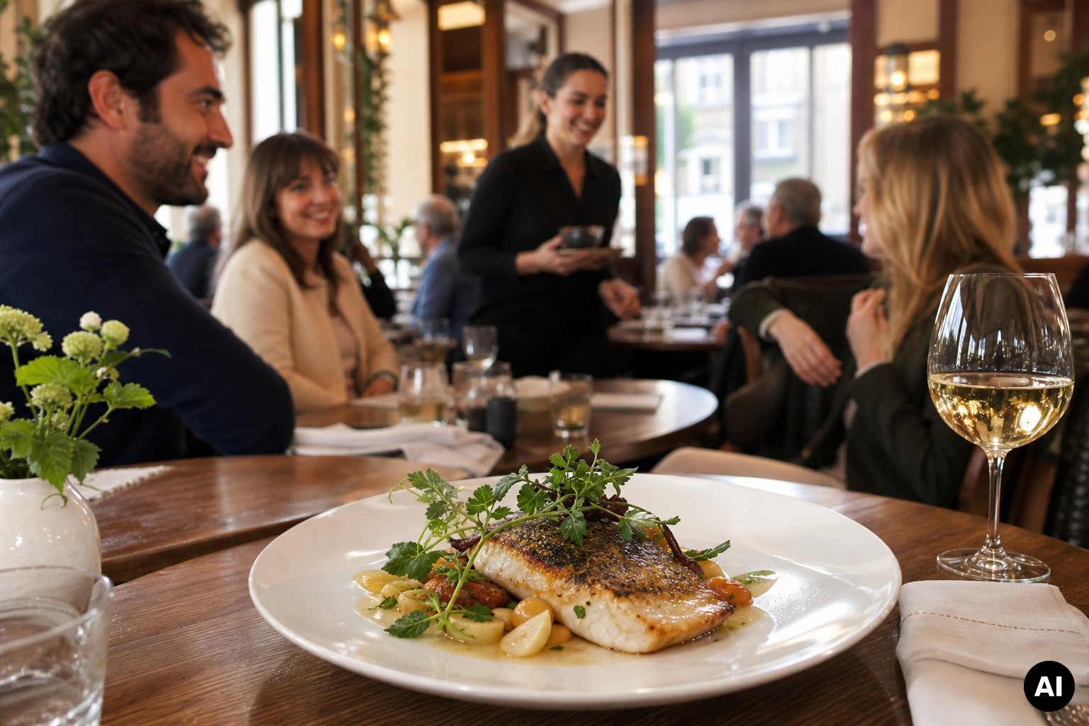 Gebakken vis met witte bonen en kruiden op een houten tafel, met een glas witte wijn, gasten en een serveerster in een sfeervol restaurant op de achtergrond.