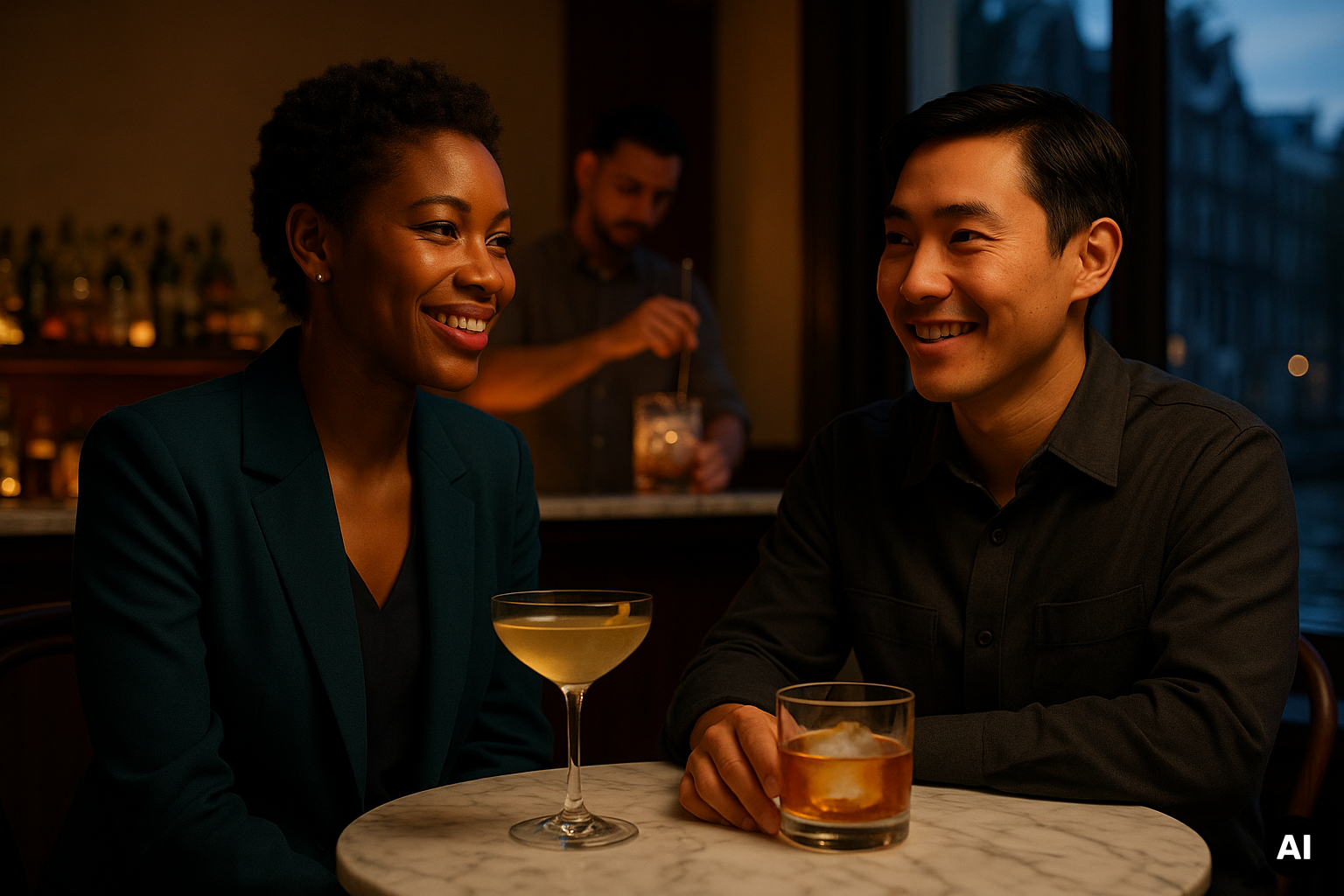 Twee glimlachende gasten zitten met cocktails aan een marmeren tafel in een sfeervol verlichte bar, terwijl een bartender op de achtergrond een drankje bereidt.