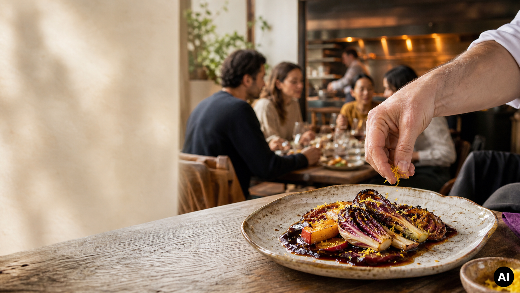 Een kok werkt een bord met geroosterde radicchio, citrus en donkere saus af, terwijl gasten in een warm verlicht restaurant dineren.
