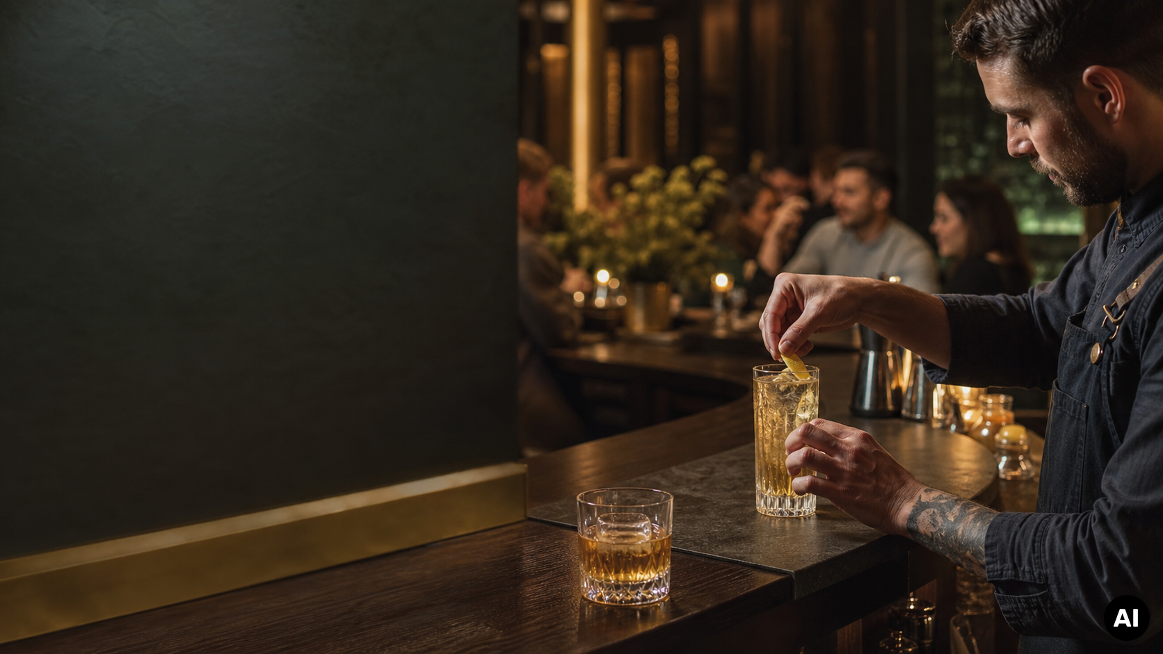 Bartender garneert een hoge whisky-cocktail met een citroenschil aan de bar; op de voorgrond staat een glas whisky met ijs.